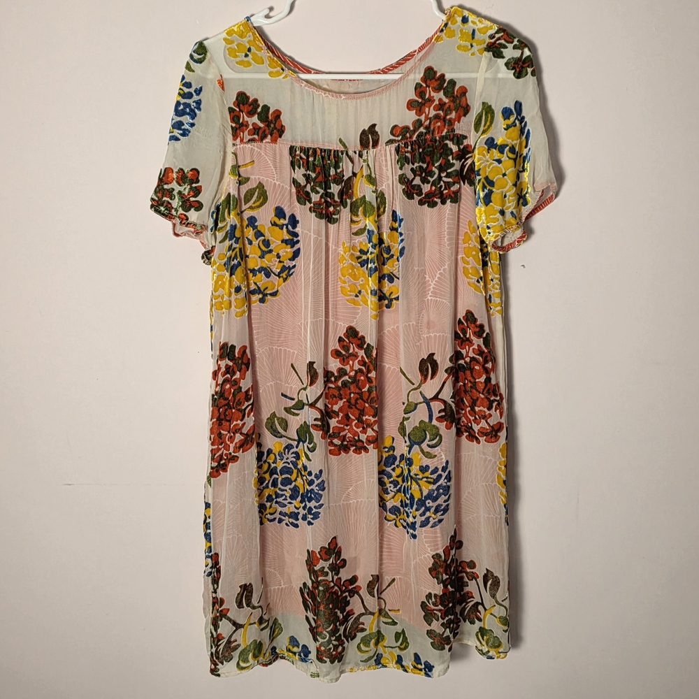 Maeve by Anthropologie Silk Blend Floral Babydoll Dress XS Sheer Overlay *flawed